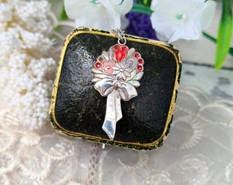 Vintage Sterling Silver Enamel Bouquet of Flowers Pendant Necklace