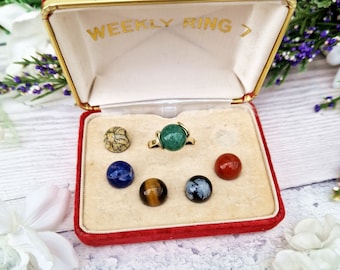 Vintage Rare 9ct Gold Interchangeable Weekly Gemstone Orb Ring in Original Box / Size N or 7