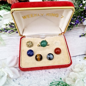 Vintage Rare 9ct Gold Interchangeable Weekly Gemstone Orb Ring in Original Box / Size N or 7