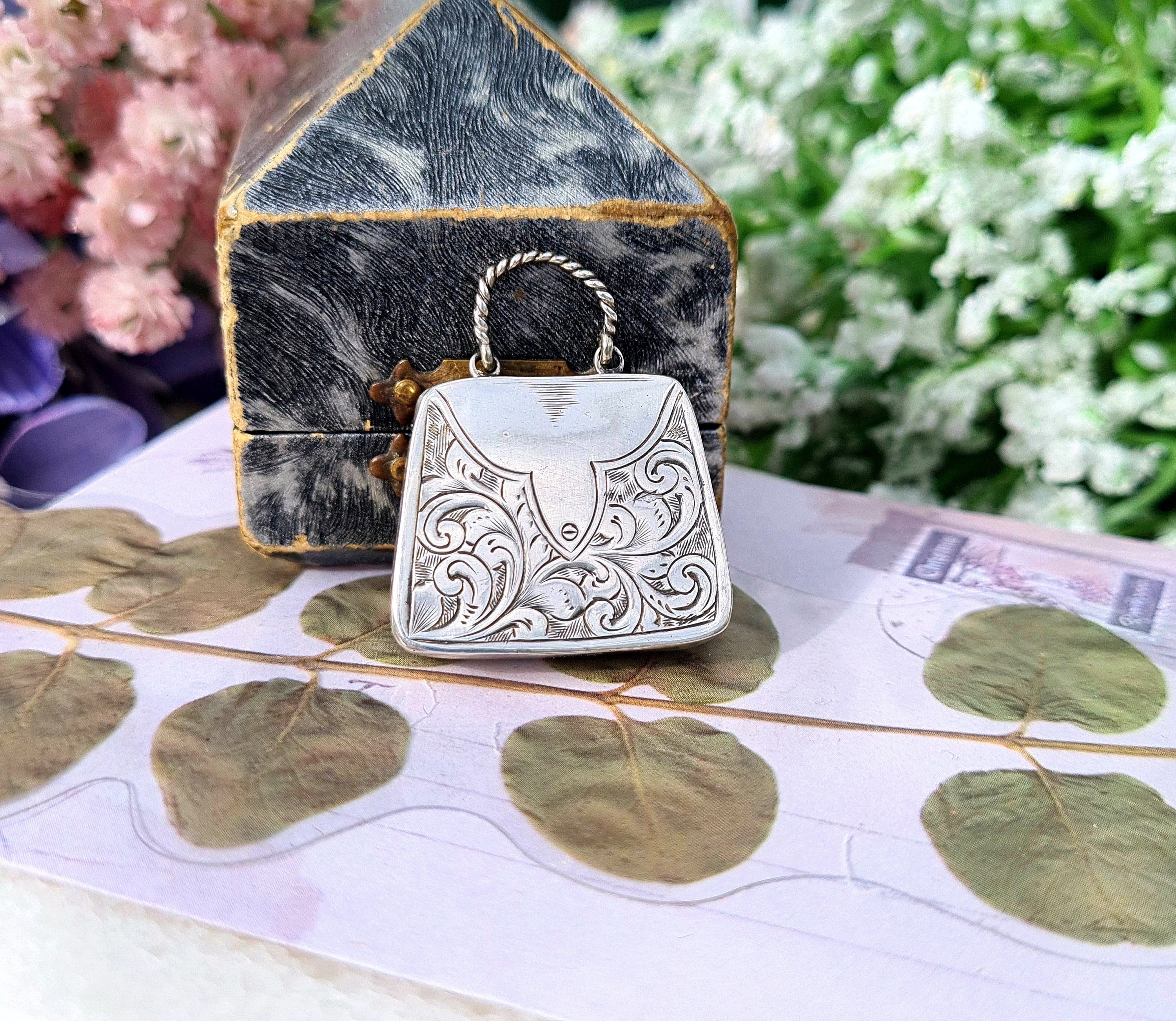 Antique 1884 Victorian Sterling Silver Rare Handbag Pendant