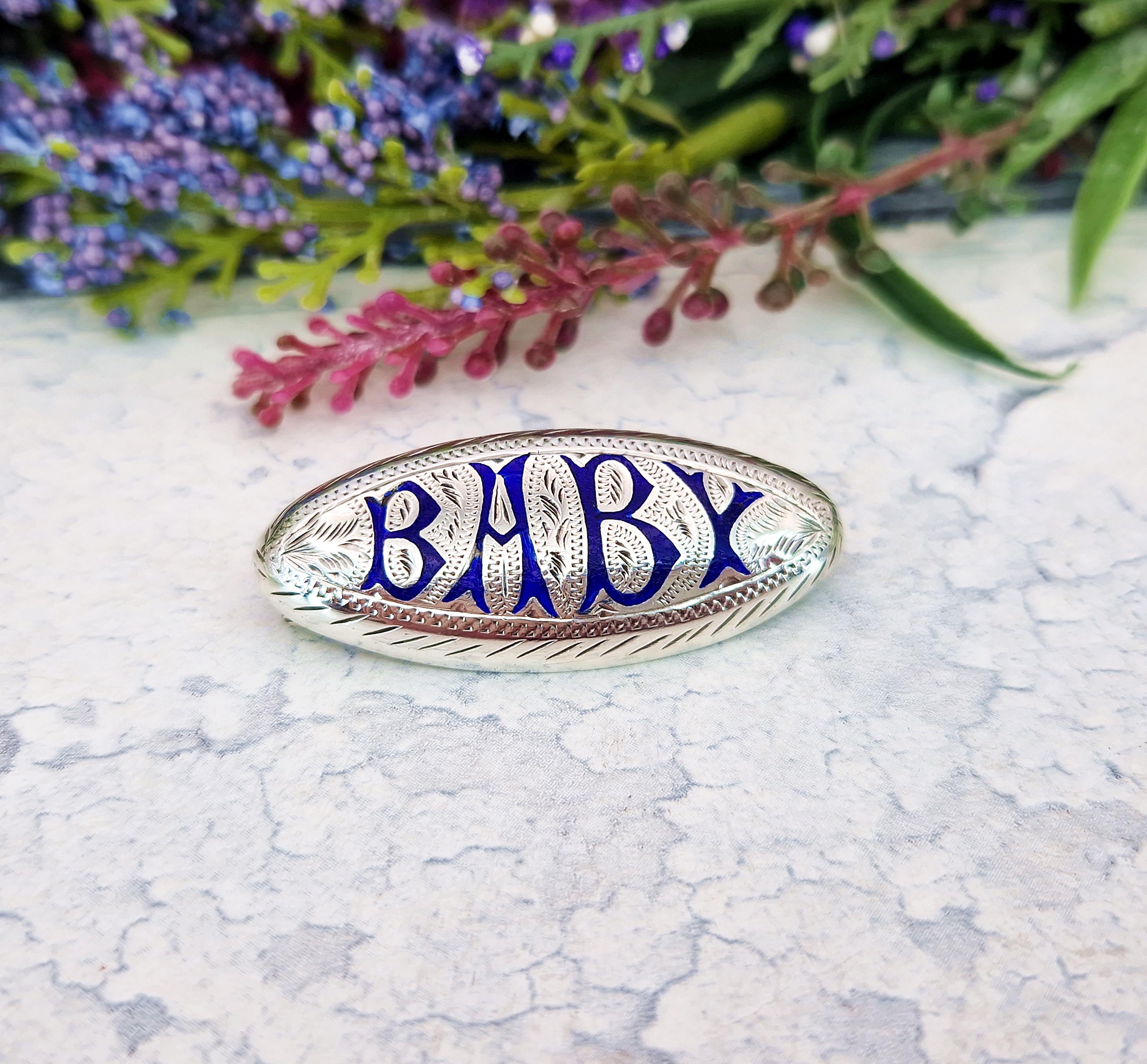 Script Brooch Antique Victorian Sterling Silver and Blue Enamel Engraved Baby Script ...