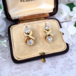 Vintage Gold Plated Retro Statement Sparkly Double Round Crystal Cocktail Stud Earrings