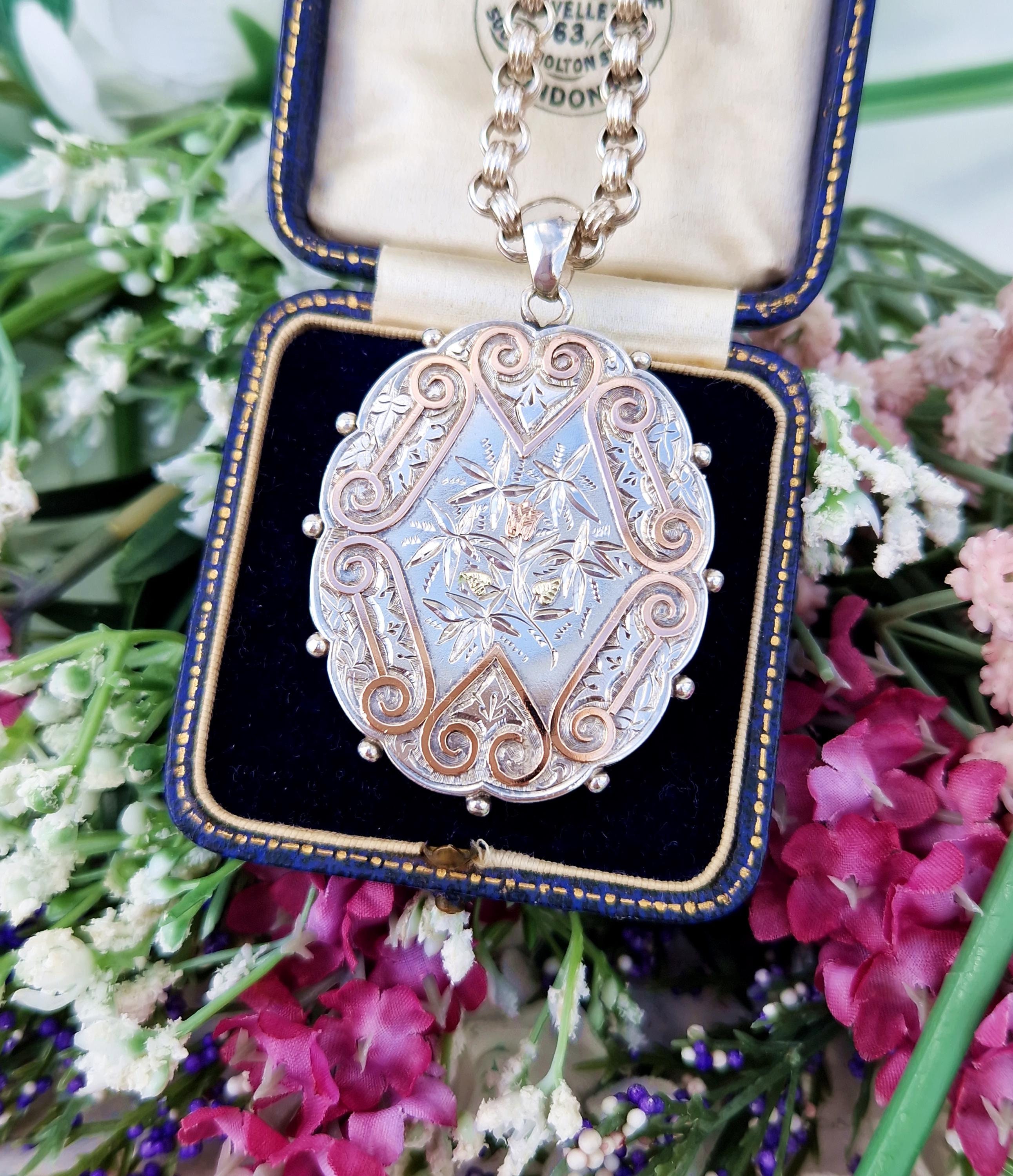 Antique Victorian Aesthetic Large Sterling Silver & Gold Oval Flower Locket and Book Chain