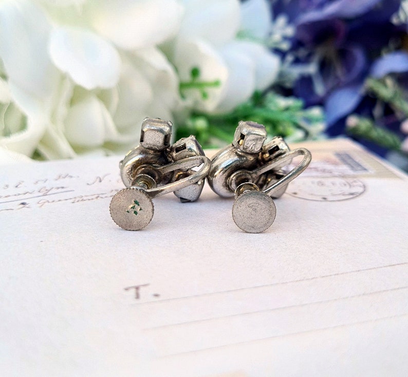 Vintage Art Deco Silver Tone Clear Foil Backs Glass Statement Fan Screw Back / Screw On Earrings image 7