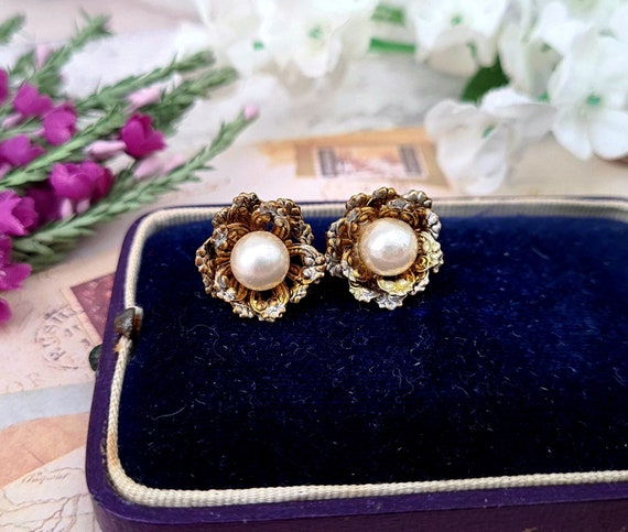 Vintage Gold Tone Ornate Pretty Faux White Pearl … - image 2