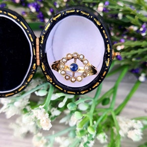 Antique Art Deco 15ct Gold Sapphire and Pearl Target Cluster Ring / Size L 1/2 or 6.25 image 4