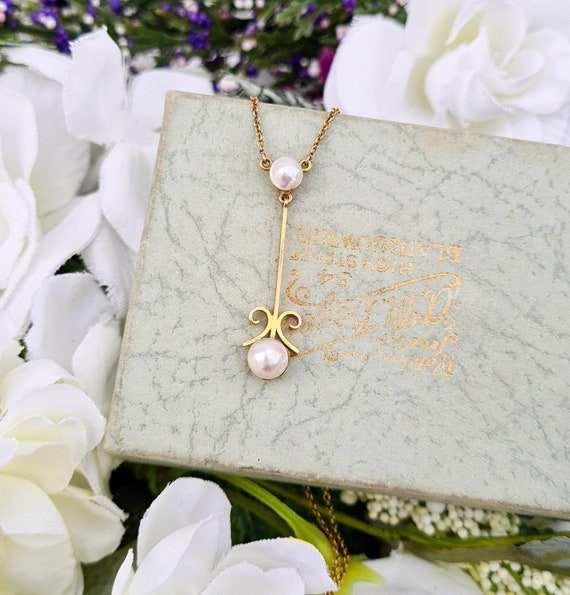 Vintage 9ct Yellow Gold Ornate Double White Pearl Lavalier Drop