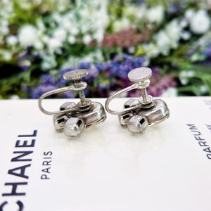 Vintage Art Deco Silver Tone Clear Foil Backs Glass Statement Fan Screw Back / Screw On Earrings image 9