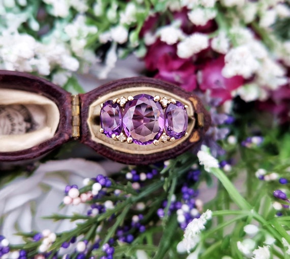 Vintage 9ct Yellow Gold Purple Amethyst and Diamond Statement Ring