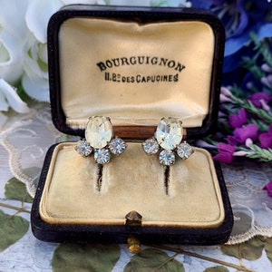 Vintage Art Deco Silver Tone Clear Foil Backs Glass Statement Fan Screw Back / Screw On Earrings image 4
