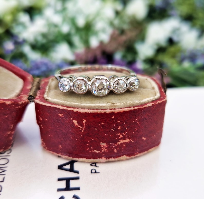 May include: A silver ring with five round, clear diamonds set in individual bezels. The ring is displayed inside a vintage red jewelry box with a cream-colored interior. The background features blurred greenery and flowers.