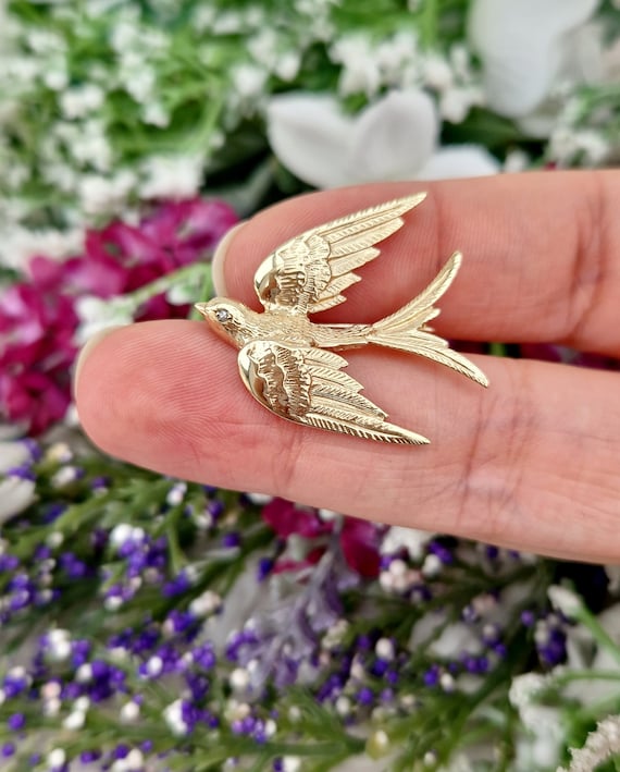 Vintage 9ct Yellow Gold Quality Diamond Swallow Bird Brooch Pin - Etsy