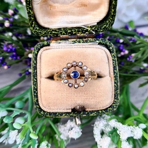 Antique Art Deco 15ct Gold Sapphire and Pearl Target Cluster Ring / Size L 1/2 or 6.25 image 3