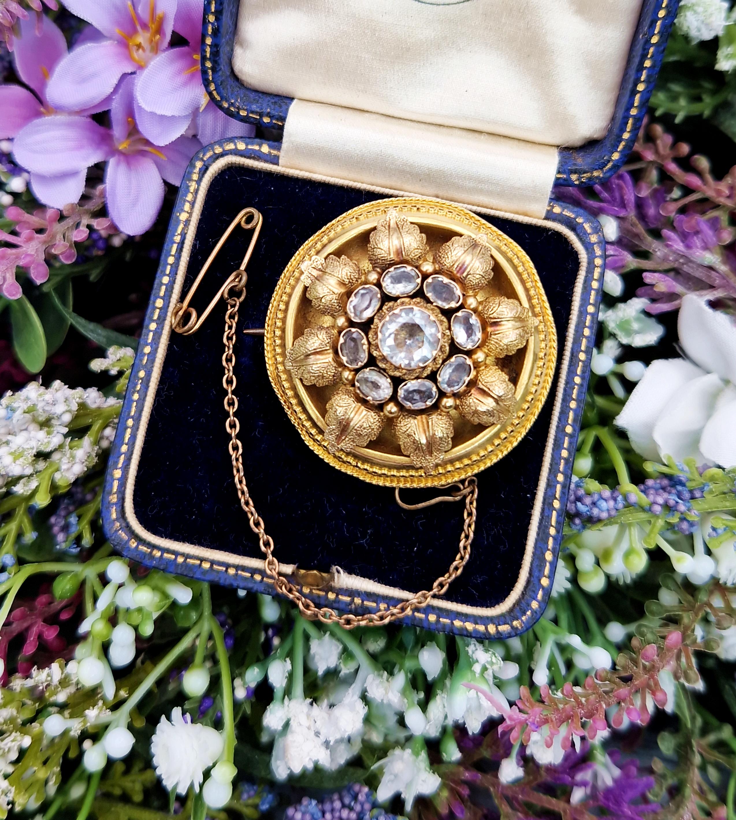 Antique Victorian 15ct Yellow Gold Repousse Leaf and Rock Crystal