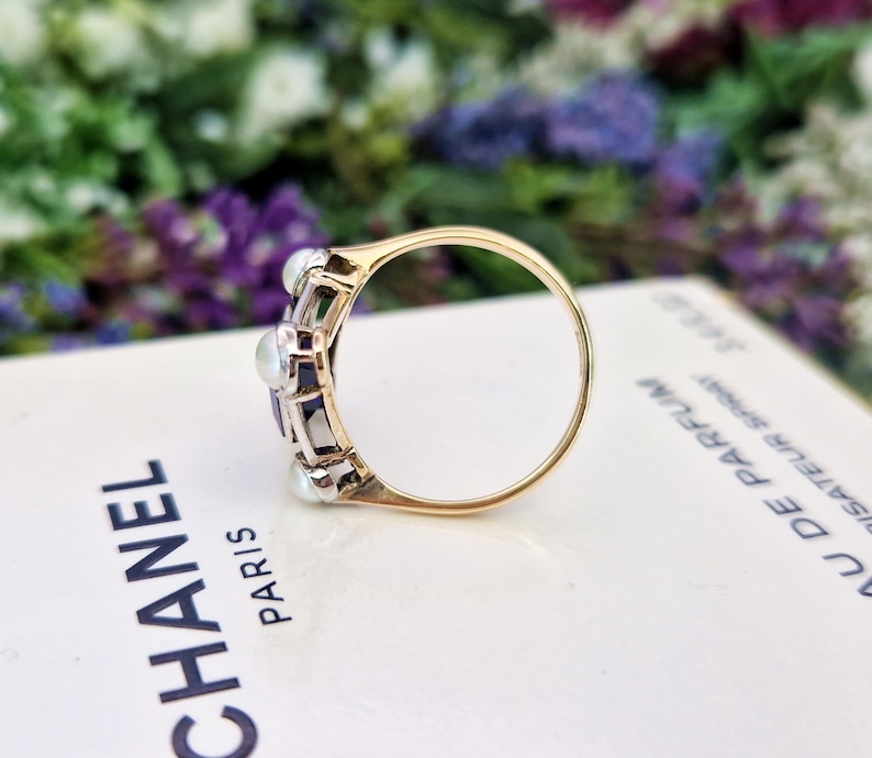 Antique Art Deco 18ct Gold Royal Blue Sapphire & White Pearl Statement Ring / Size Q 1/2 or 8.5 image 7