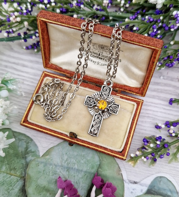 Vintage Silver Tone Ornate Celtic Cross and Citrine Glass Pendant Necklace Etsy UK