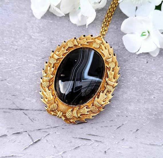 Unique Boho Versatility Vintage 1970s Sterling Silver Large Pendant Necklace and Brooch with Yellow Banded Agate Cabochon