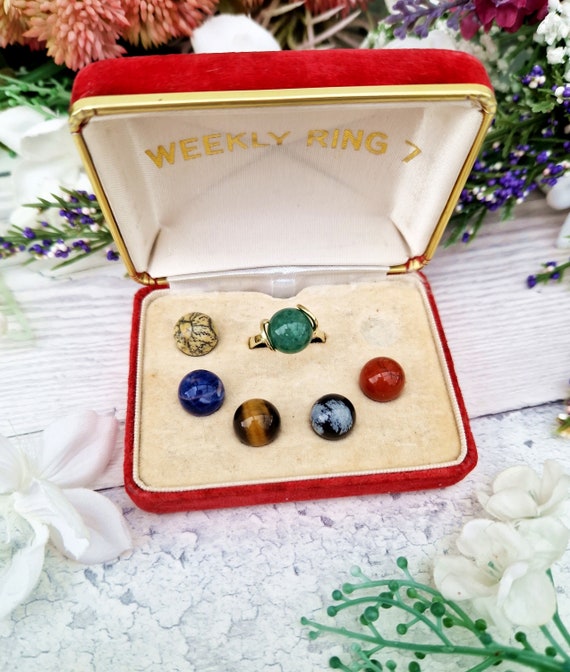 Vintage Rare 9ct Gold Interchangeable Weekly Gemstone Orb Ring in