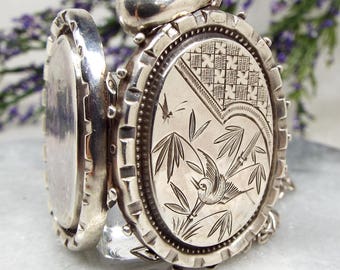 Antique 1881 Victorian Sterling Silver Aesthetic Swallow Bird Locket Necklace