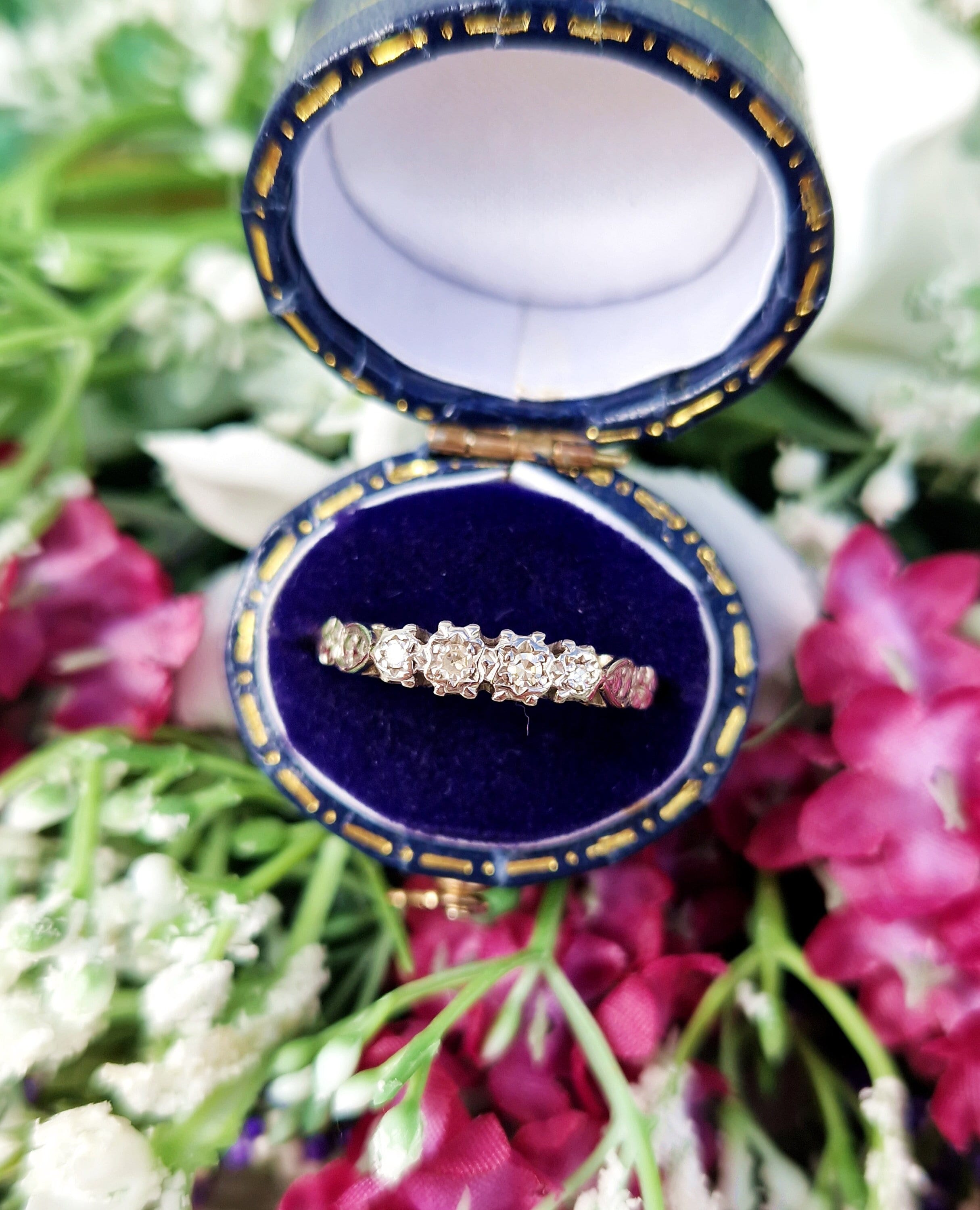 Vintage 1950's 18ct Gold and Platinum Ornate 4 Stone Diamond Engagement Ring / Size V or 11