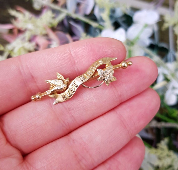 Antique Edwardian 9ct Yellow Gold Adorable Best Wishes Bird and