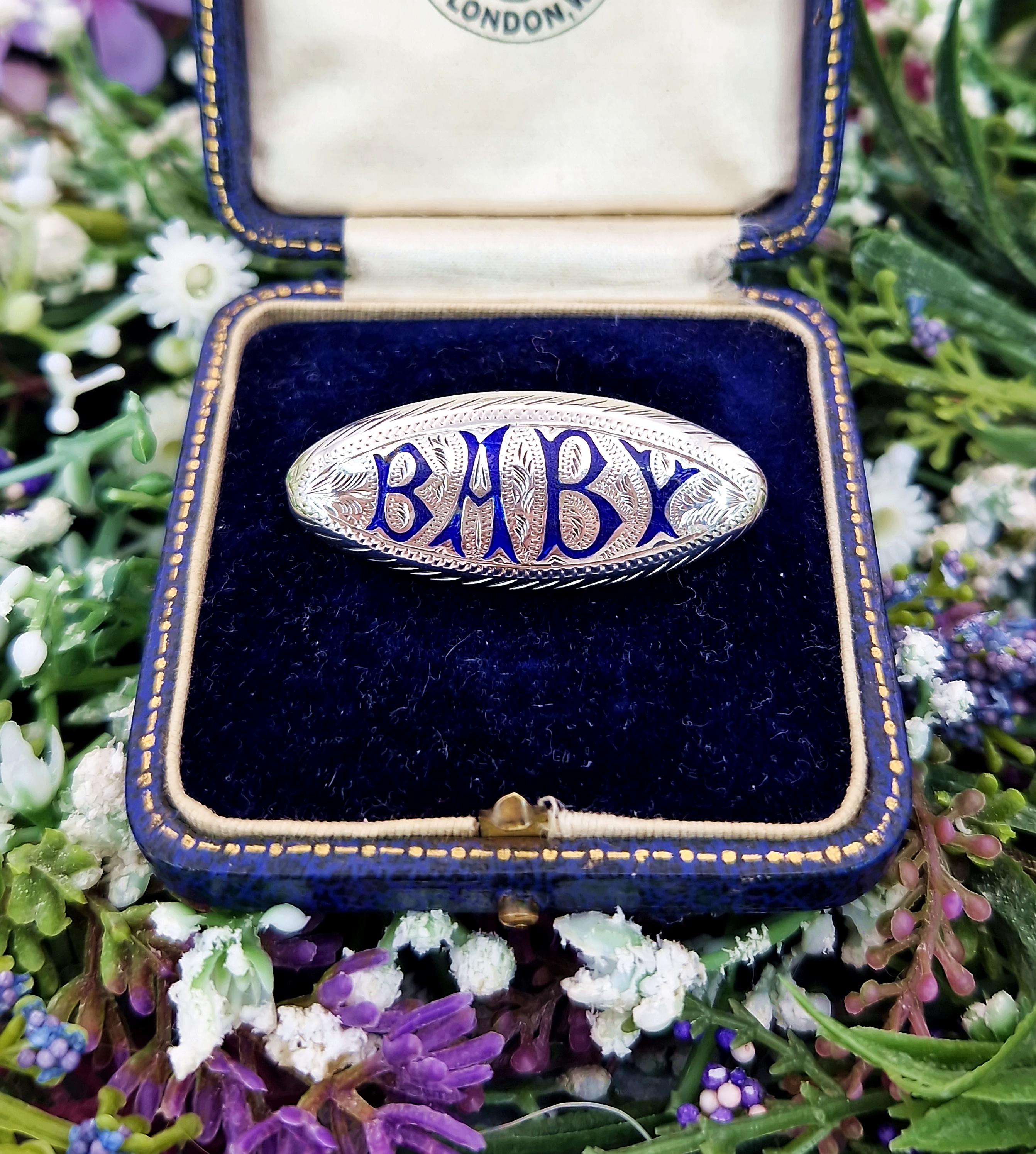 Script Brooch Antique Victorian Sterling Silver and Blue Enamel Engraved Baby Script ...