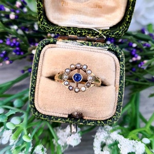 Antique Art Deco 15ct Gold Sapphire and Pearl Target Cluster Ring / Size L 1/2 or 6.25 image 2