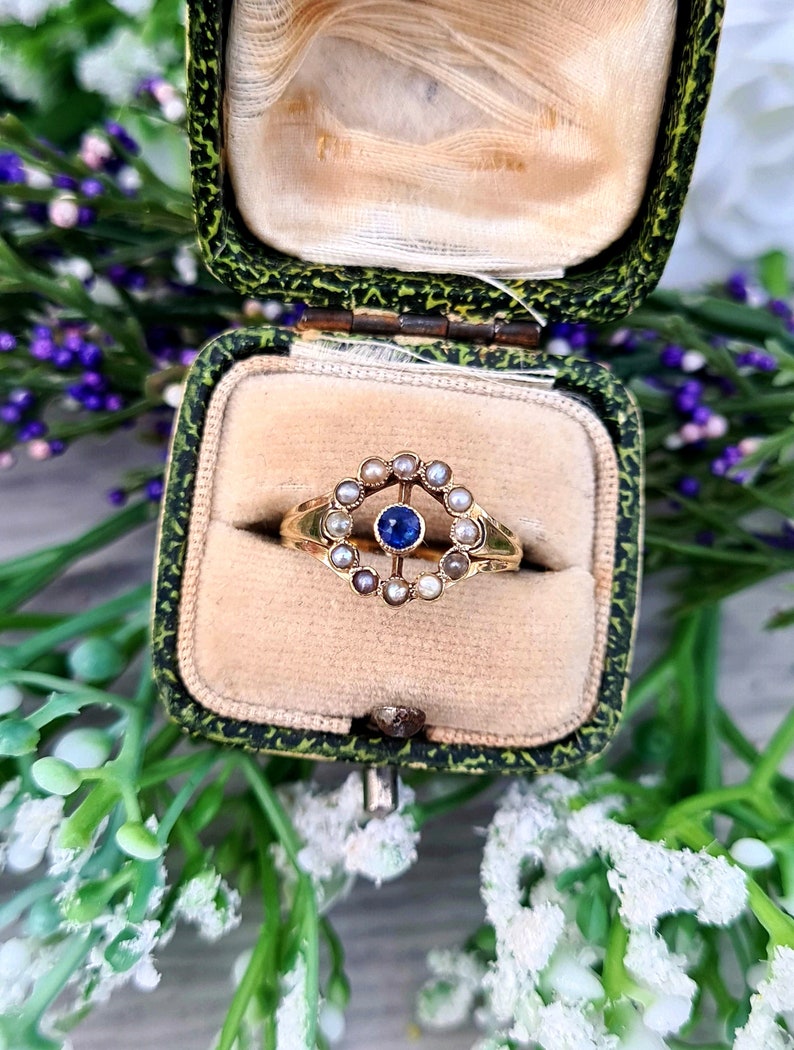 Antique Art Deco 15ct Gold Sapphire and Pearl Target Cluster Ring / Size L 1/2 or 6.25 image 2