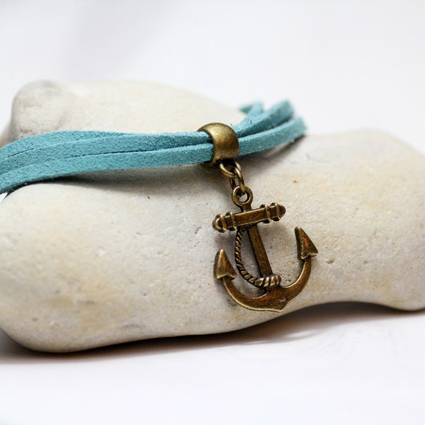 Nautical anchor bracelet  turquoise suede wrap friendship bracelet with bronze steampunk anchor charm