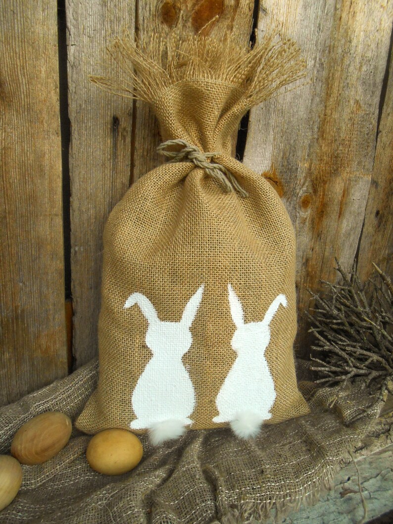 Easter Rabbit Easter Bunny Gift Bag Burlap Easter Gift Bag Easter Basket Easter Decor Spring Burlap Gift Bag Spring Gift Rustic image 4