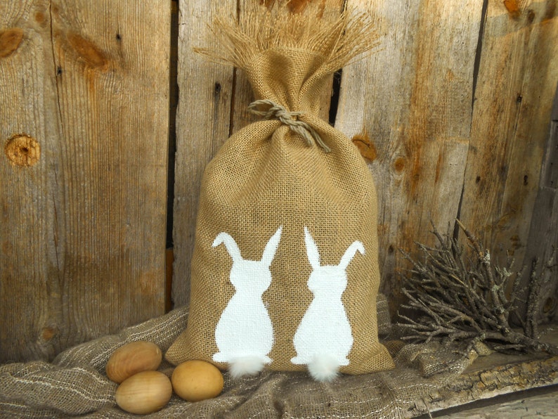 Easter Rabbit Easter Bunny Gift Bag Burlap Easter Gift Bag Easter Basket Easter Decor Spring Burlap Gift Bag Spring Gift Rustic image 3