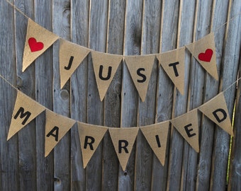 Bannière Just Married En Toile De Jute - Lot 12 Drapeaux Décoration Mariage Voiture