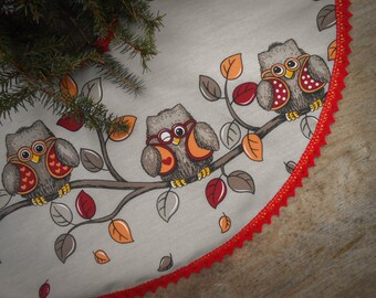 Owl Christmas Tree Skirt Christmas Owl Christmas Decor Woodland Christmas Swedish Fabric Swedish Christmas Scandinavian Christmas Tree Skirt