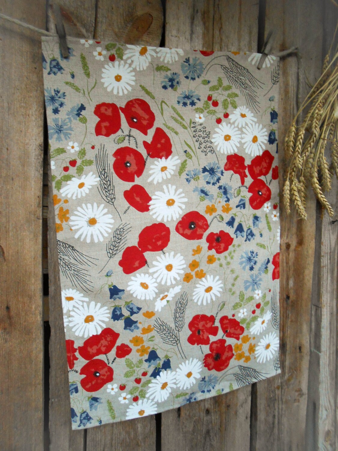 Meadow Red Poppy Kitchen Towel Dish Daisies Cornflowers Linen Etsy
