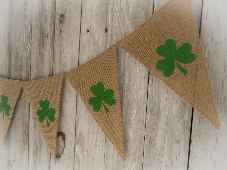 St Patricks Day Banner Shamrock Banner Shamrock Bunting Shamrock Garland Irish Decor St Patricks Day Decor Spring Banner Burlap Banner image 1