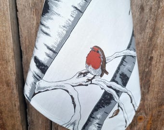 Strofinaccio da cucina in lino con motivo di pettirosso – Regalo con uccelli del bosco per gli amanti della natura e per un arredamento rustico invernale della cucina.