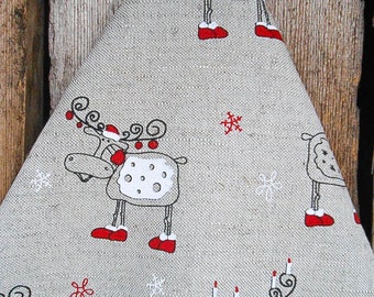 May include: A beige linen fabric with a repeating pattern of white reindeer wearing red hats and scarves. The reindeer are outlined in black and have white spots. The fabric also has a repeating pattern of white snowflakes.