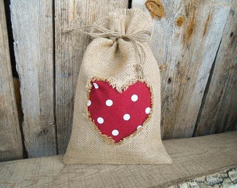 Valentines Day Decor Wedding Favor Bags Burlap Gift Bag Gift Sack Love Pouch Burlap Decor Polka Dot Heart Rustic Decor Shabby Chic Wedding