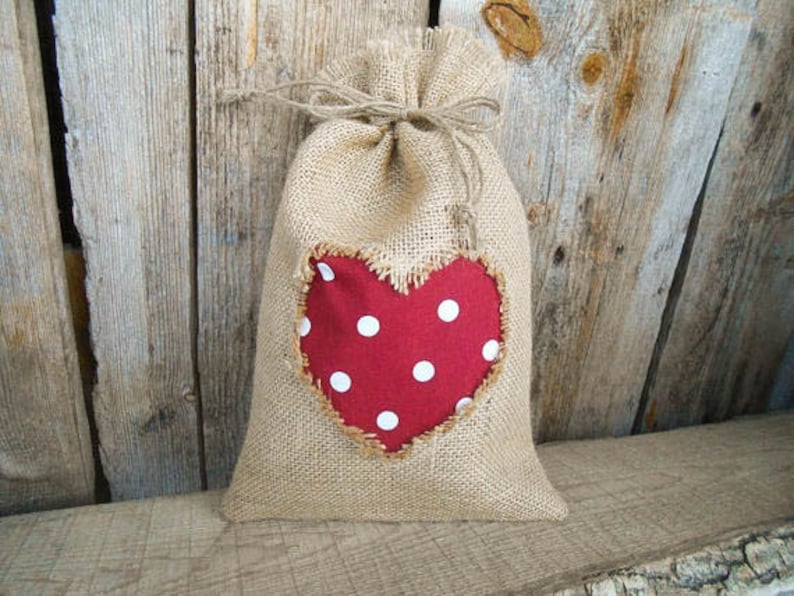 Valentines Day Decor Wedding Favor Bags Burlap Gift Bag Gift Sack Love Pouch Burlap Decor Polka Dot Heart Rustic Decor Shabby Chic Wedding image 1