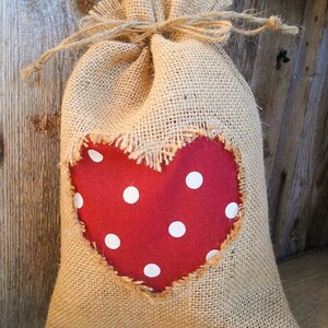 Valentines Day Decor Wedding Favor Bags Burlap Gift Bag Gift Sack Love Pouch Burlap Decor Polka Dot Heart Rustic Decor Shabby Chic Wedding image 3