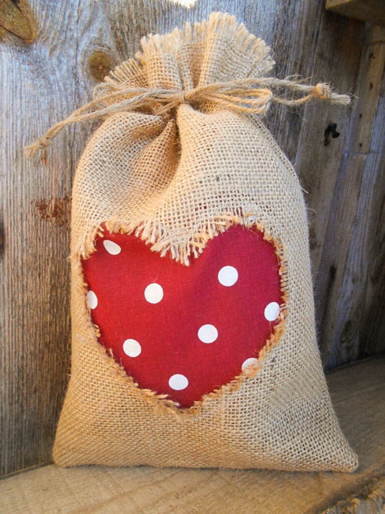 Valentines Day Decor Wedding Favor Bags Burlap Gift Bag Gift Sack Love Pouch Burlap Decor Polka Dot Heart Rustic Decor Shabby Chic Wedding image 3