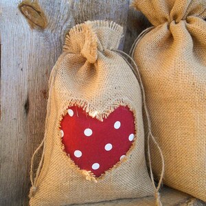 Valentines Day Decor Wedding Favor Bags Burlap Gift Bag Gift Sack Love Pouch Burlap Decor Polka Dot Heart Rustic Decor Shabby Chic Wedding image 4