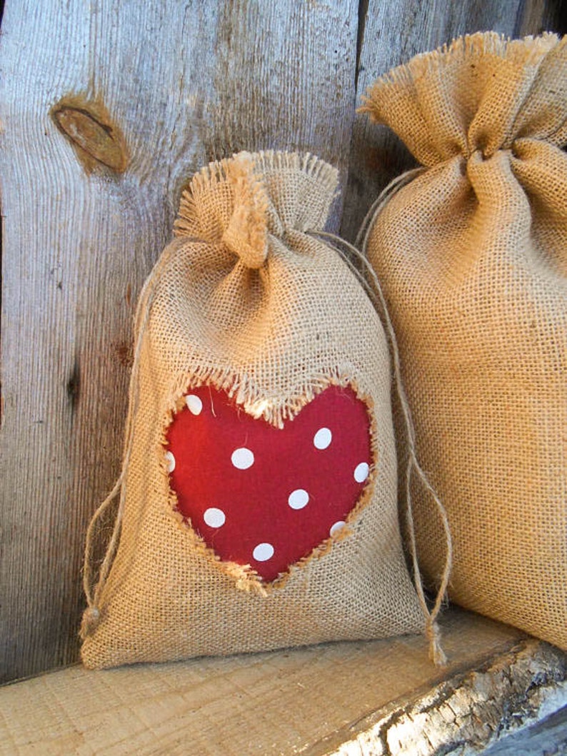 Valentines Day Decor Wedding Favor Bags Burlap Gift Bag Gift Sack Love Pouch Burlap Decor Polka Dot Heart Rustic Decor Shabby Chic Wedding image 4