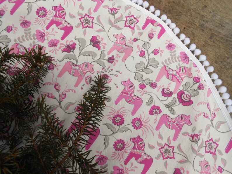 Swedish Dala Horse Fabric Christmas Tree Skirt Swedish Fabric Swedish Christmas Nordic Christmas Swedish Christmas Decor Christmas Ornament image 1