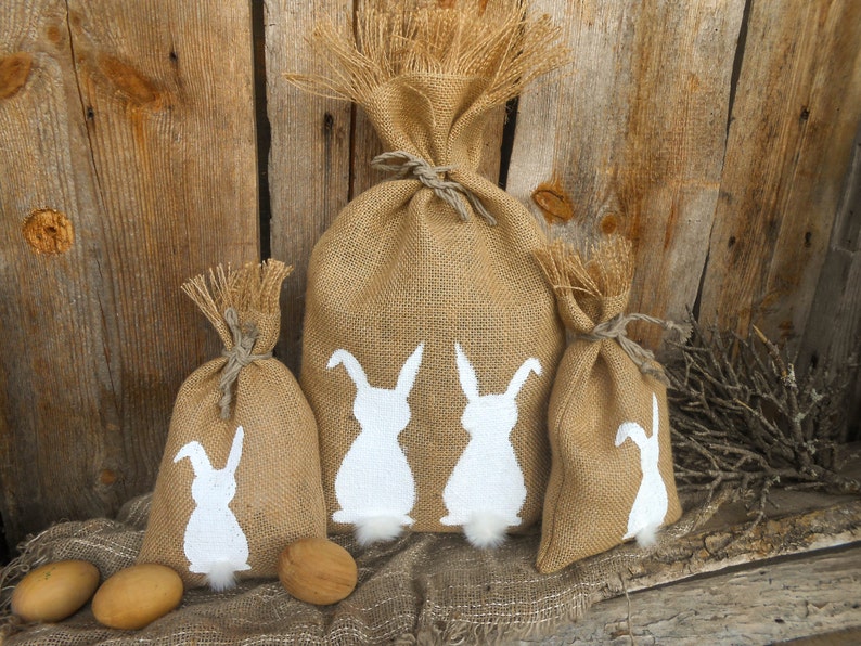 Easter Rabbit Easter Bunny Gift Bag Burlap Easter Gift Bag Easter Basket Easter Decor Spring Burlap Gift Bag Spring Gift Rustic image 1