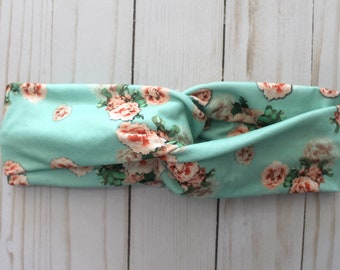 Bandeau de style turban, bandeau à boucle torsadée pour femmes, accessoire de cheveux Boho floral menthe