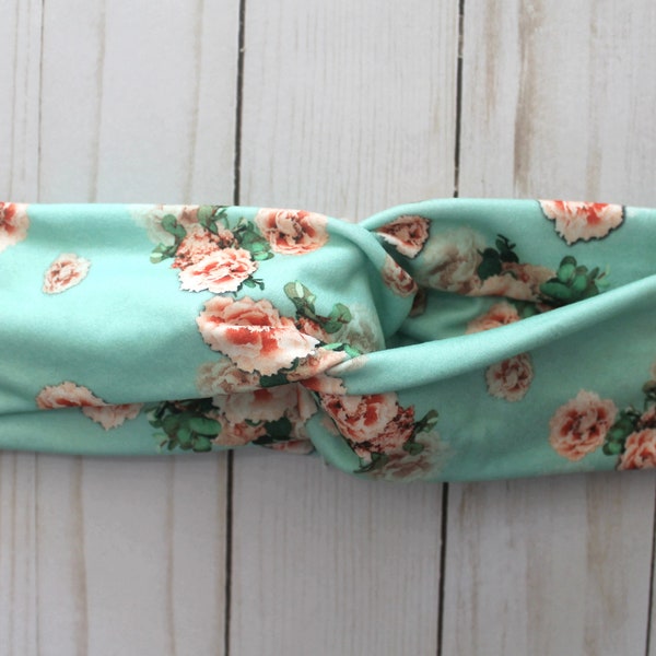 Turban Style Headband, Women's Twisted Loop Headband, Mint Floral Boho Hair Accessory