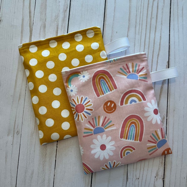 Reusable Snack Bags, BPA Free Snack Pouch with Water Resistant Lining, Set of Yellow Polka Dot and Pink Print, Eco Friendly Food Bag