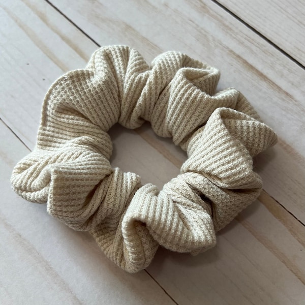 Ivory Waffle Knit Scrunchie, Soft Hair Tie