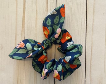 Rifle Paper Co. Print Scrunchie with Bow, Primrose Navy Floral Hair Tie, Women’s Hair Accessory